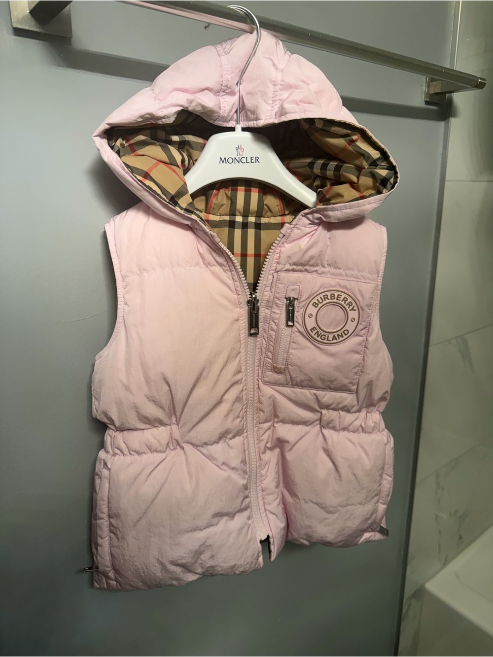 Burberry Pink Quilted Hooded Girls Puffer Vest with Check Lining